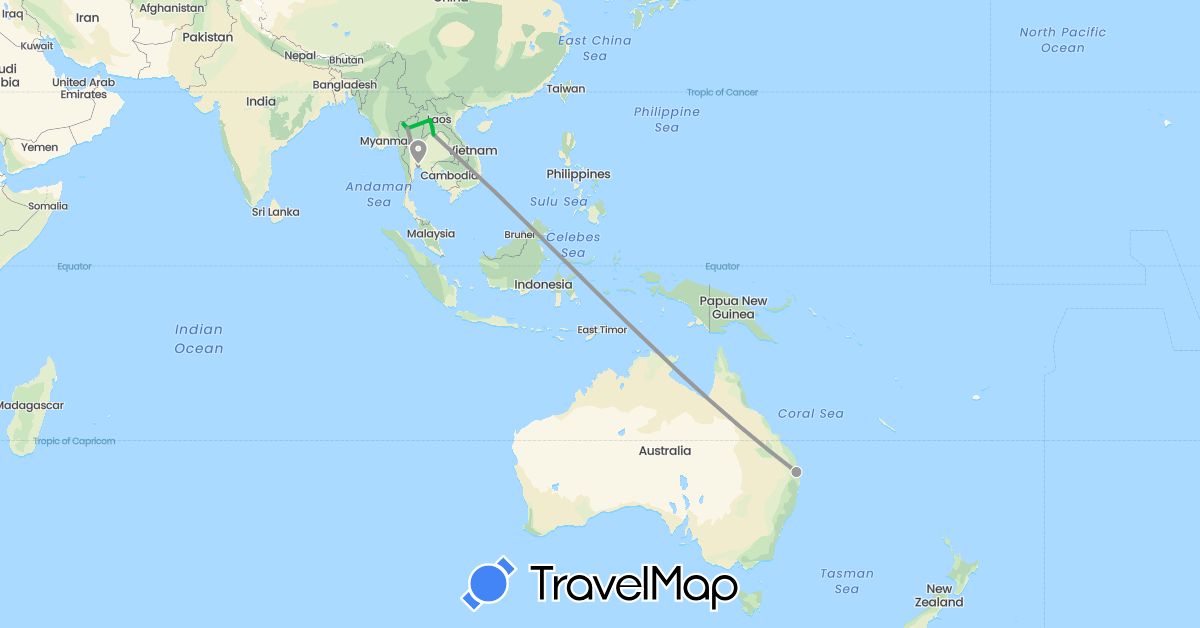 TravelMap itinerary: driving, bus, plane in Australia, Laos, Thailand (Asia, Oceania)